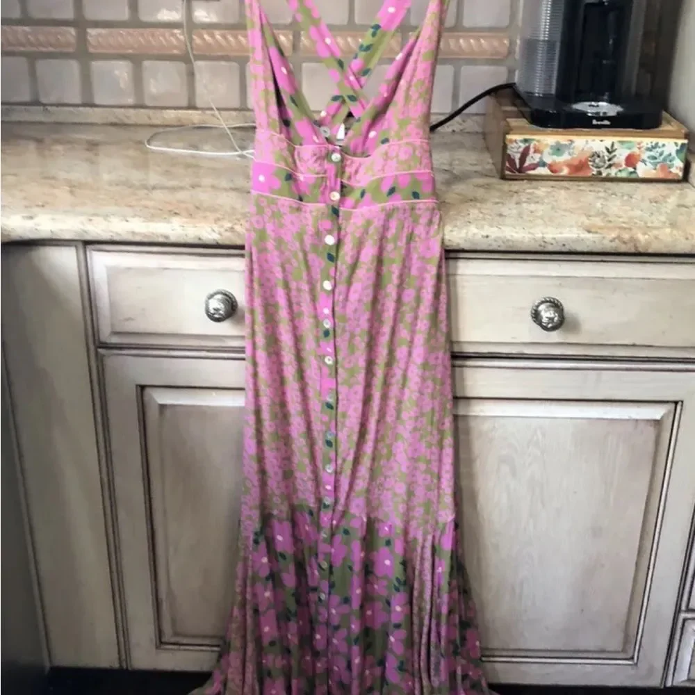 Free People Dewberry Floral Maxi Dress Printed Button Back CrossStrap Pink Olive - Picture 2 of 5